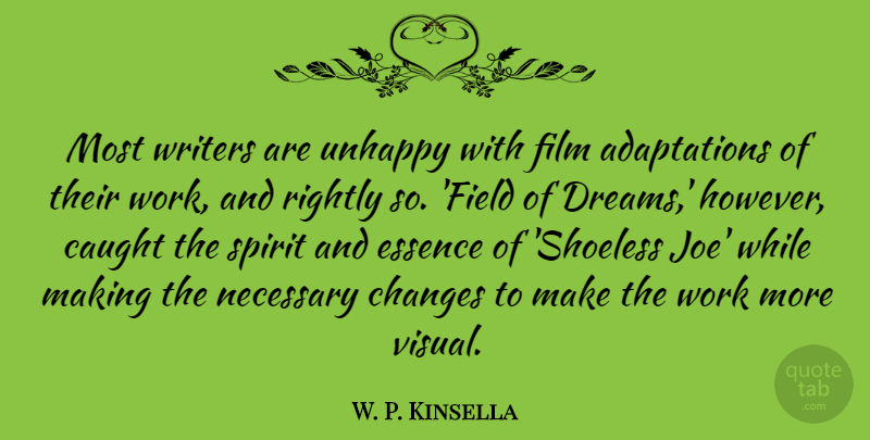 W. P. Kinsella Quote About Dream, Essence, Unhappy: Most Writers Are Unhappy With...