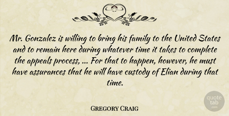 Gregory Craig Quote About Appeals, Bring, Complete, Custody, Family: Mr Gonzalez Is Willing To...