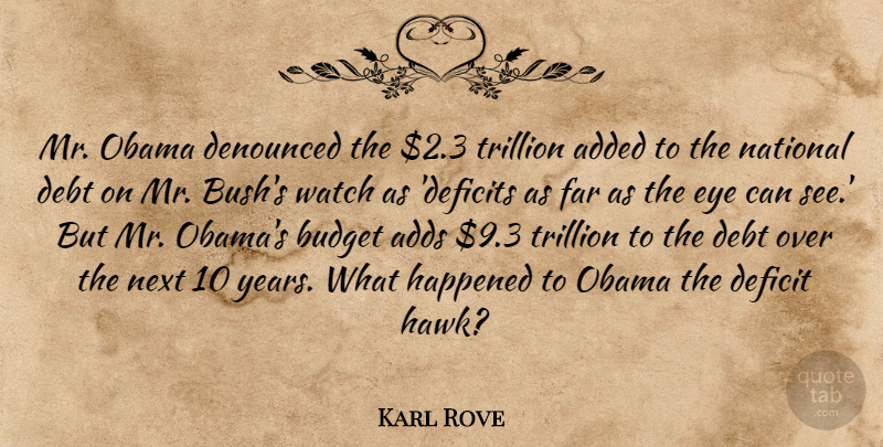 Karl Rove Quote About Added, Adds, Deficit, Far, Happened: Mr Obama Denounced The 2...