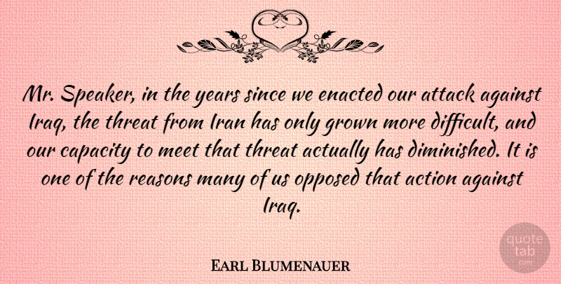 Earl Blumenauer Quote About Action, Against, Attack, Capacity, Grown: Mr Speaker In The Years...