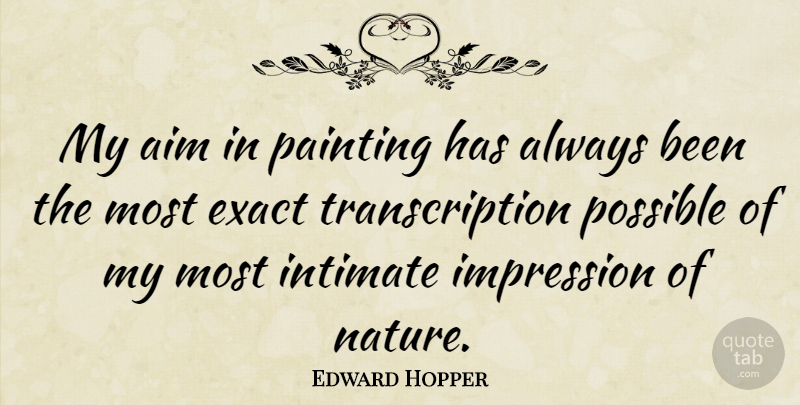 Edward Hopper Quote About Artist, Painting, Intimate: My Aim In Painting Has...