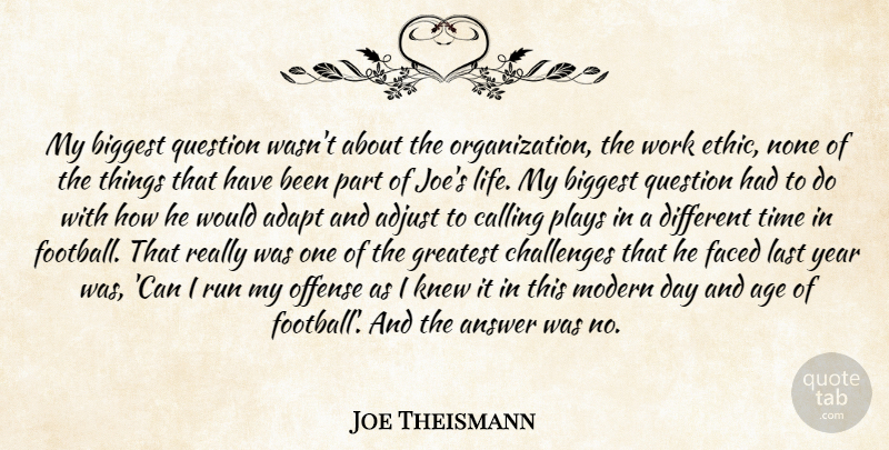 Joe Theismann Quote About Adapt, Adjust, Age, Answer, Biggest: My Biggest Question Wasnt About...