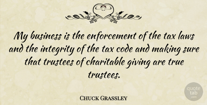 Chuck Grassley Quote About Integrity, Law, Giving: My Business Is The Enforcement...
