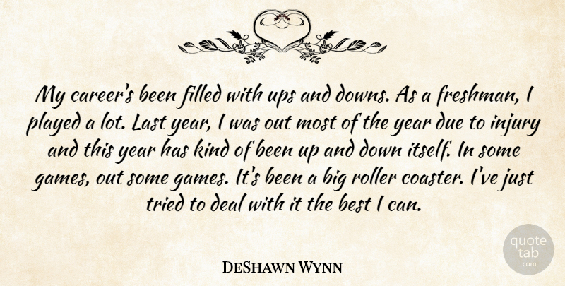 DeShawn Wynn Quote About Best, Deal, Due, Filled, Injury: My Careers Been Filled With...