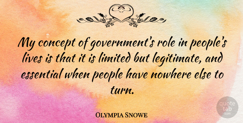 Olympia Snowe Quote About Concept, Essential, Government, Limited, Lives: My Concept Of Governments Role...