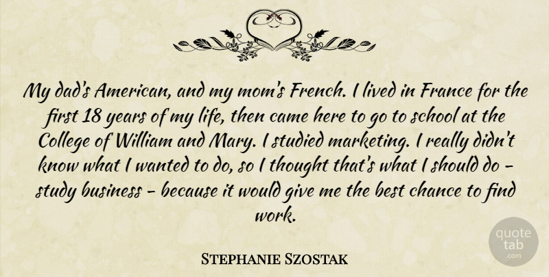 Stephanie Szostak Quote About Best, Business, Came, Chance, College: My Dads American And My...