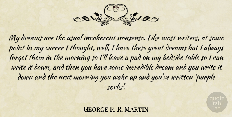 George R. R. Martin Quote About Dream, Morning, Writing: My Dreams Are The Usual...
