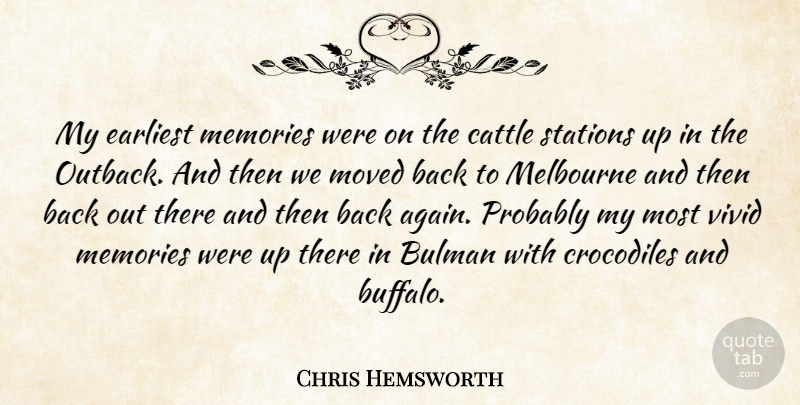 Chris Hemsworth Quote About Cattle, Crocodiles, Earliest, Moved, Stations: My Earliest Memories Were On...
