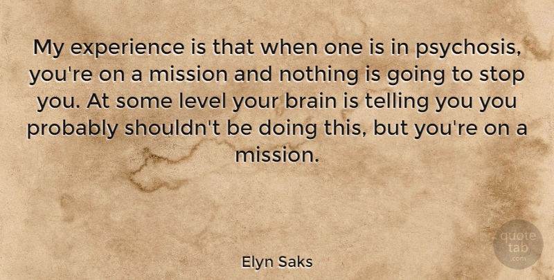 Elyn Saks Quote About Brain, Experience, Level, Mission, Stop: My Experience Is That When...