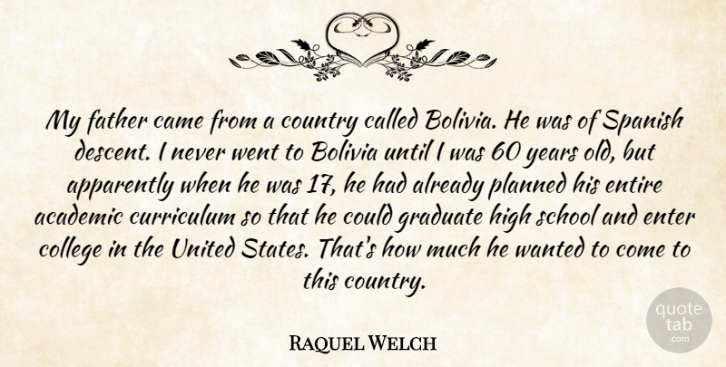Raquel Welch Quote About Academic, Apparently, Bolivia, Came, Country: My Father Came From A...