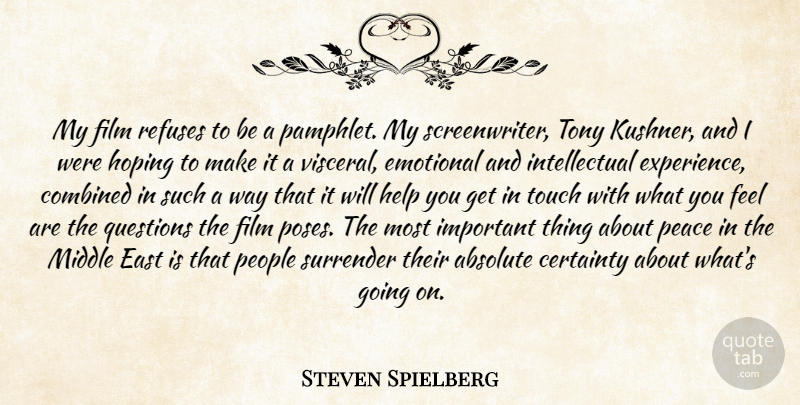 Steven Spielberg Quote About Absolute, Certainty, Combined, East, Emotional: My Film Refuses To Be...