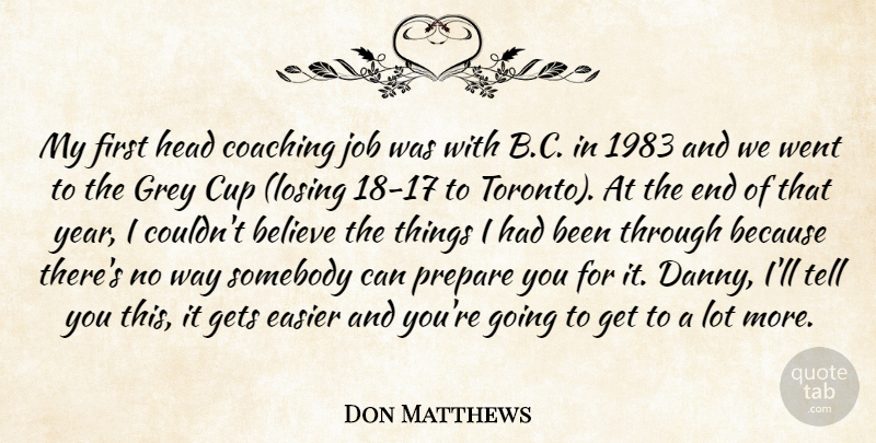 Don Matthews Quote About Believe, Coaching, Cup, Easier, Gets: My First Head Coaching Job...