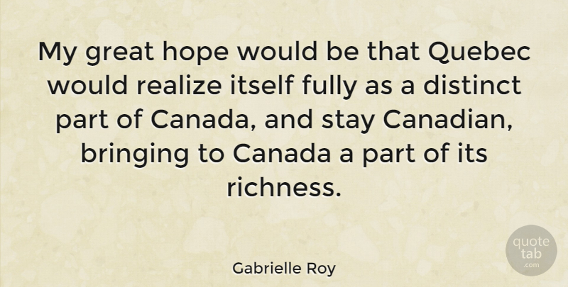 Gabrielle Roy Quote About Canada, Would Be, Realizing: My Great Hope Would Be...