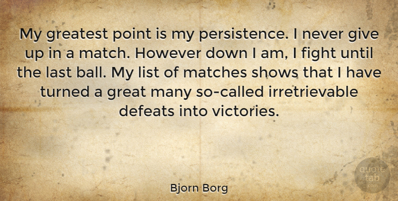 Bjorn Borg Quote About Giving Up, Fighting, Persistence: My Greatest Point Is My...