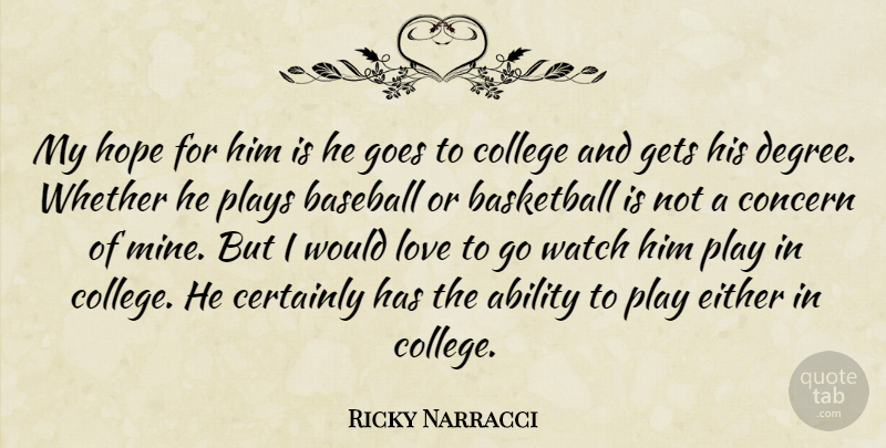 Ricky Narracci Quote About Ability, Baseball, Basketball, Certainly, College: My Hope For Him Is...