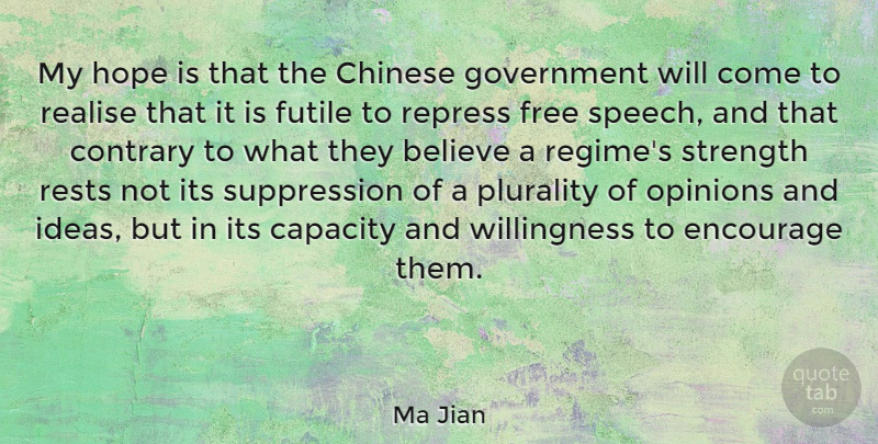 Ma Jian Quote About Believe, Government, Ideas: My Hope Is That The...