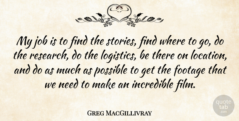 Greg MacGillivray Quote About Jobs, Stories, Research: My Job Is To Find...