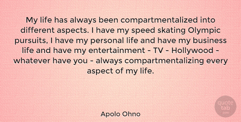 Apolo Ohno Quote About Aspect, Business, Entertainment, Hollywood, Life: My Life Has Always Been...