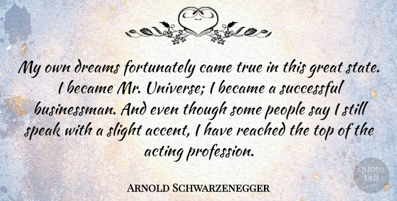 Arnold Schwarzenegger Quote About Dream, Motivation, Successful: My Own Dreams Fortunately Came...