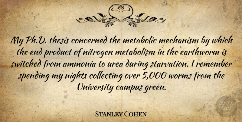 Stanley Cohen Quote About Campus, Collecting, Concerned, Mechanism, Metabolism: My Ph D Thesis Concerned...