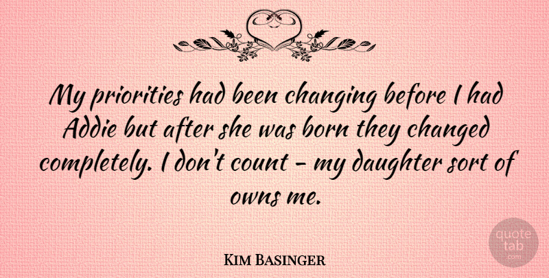 Kim Basinger Quote About Mother, Daughter, Priorities: My Priorities Had Been Changing...