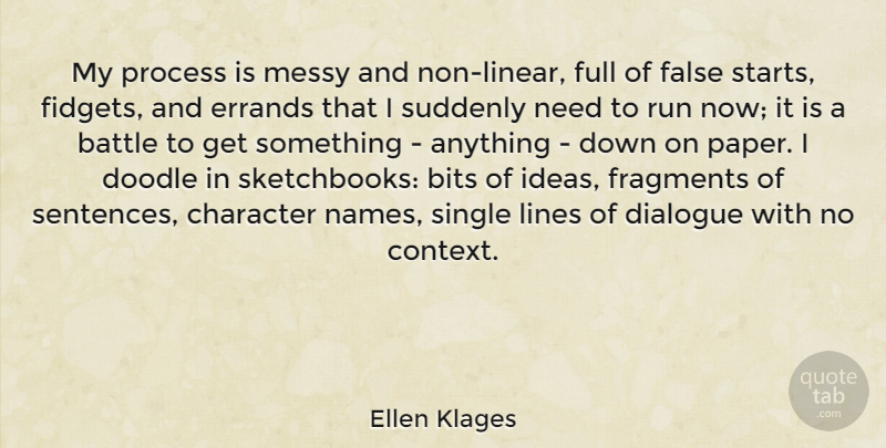 Ellen Klages Quote About Bits, Dialogue, Doodle, False, Fragments: My Process Is Messy And...