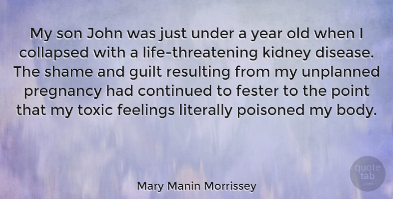 Mary Manin Morrissey Quote About Collapsed, Continued, Guilt, John, Kidney: My Son John Was Just...
