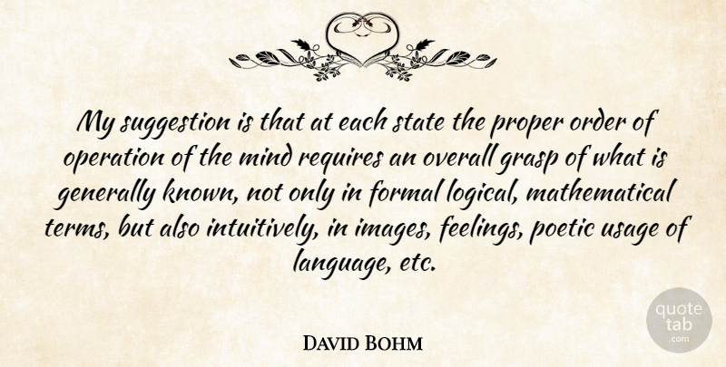 David Bohm Quote About Order, Feelings, Mind: My Suggestion Is That At...