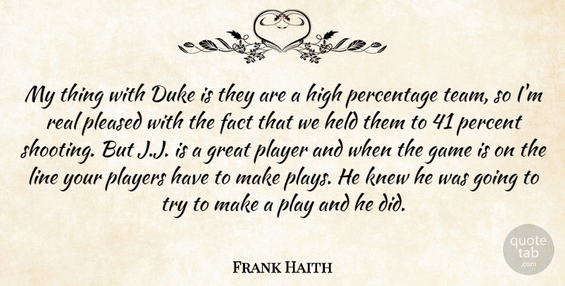 Frank Haith Quote About Duke, Fact, Game, Great, Held: My Thing With Duke Is...