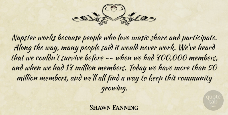 Shawn Fanning Quote About Along, Community, Heard, Love, Million: Napster Works Because People Who...