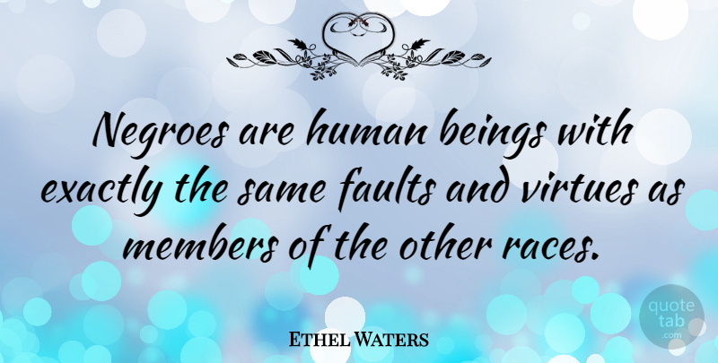 Ethel Waters Quote About Race, Faults, Virtue: Negroes Are Human Beings With...