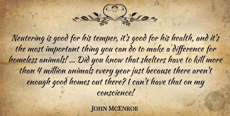 John McEnroe Quote About Animals, Difference, Good, Homeless, Homes: Neutering Is Good For His...