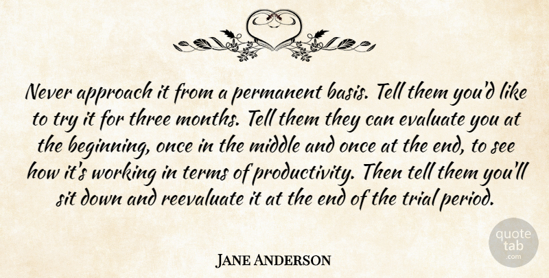 Jane Anderson Quote About Approach, Evaluate, Middle, Permanent, Reevaluate: Never Approach It From A...