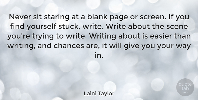 Laini Taylor Quote About Writing, Giving, Finding Yourself: Never Sit Staring At A...