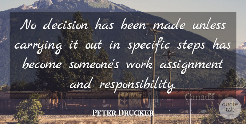 Peter Drucker Quote About Responsibility, Decision, Steps: No Decision Has Been Made...