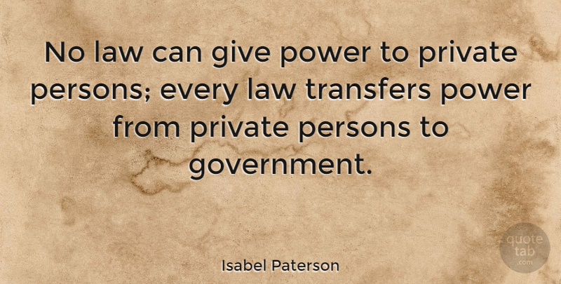Isabel Paterson Quote About Law, Government, Giving: No Law Can Give Power...