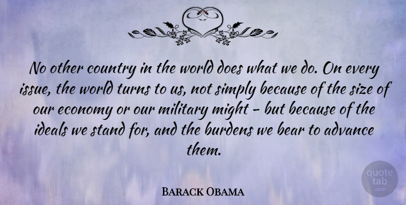 Barack Obama Quote About Advance, Bear, Burdens, Country, Ideals: No Other Country In The...