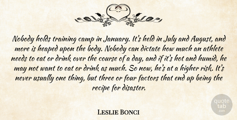 Leslie Bonci Quote About Athlete, Body, Camp, Course, Dictate: Nobody Holds Training Camp In...