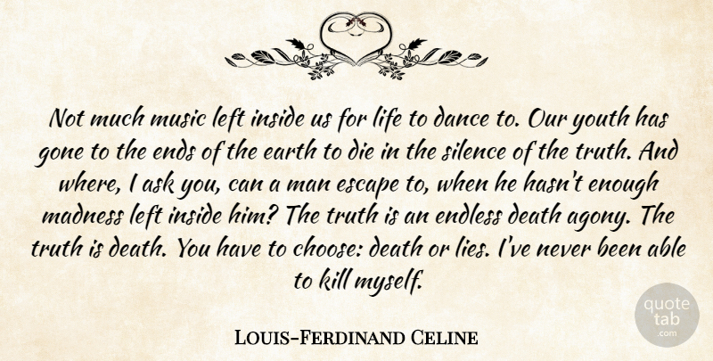 Louis-Ferdinand Celine Quote About Lying, Men, Agony: Not Much Music Left Inside...
