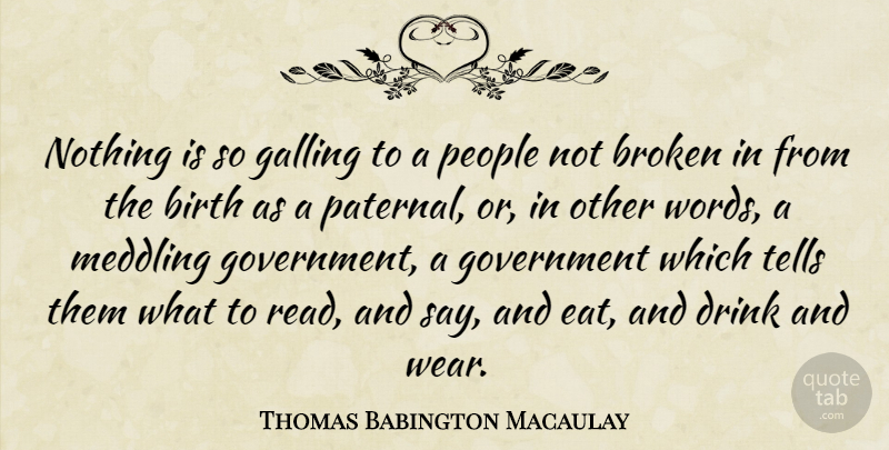 Thomas Babington Macaulay Quote About Birth, Drink, Government, Meddling, People: Nothing Is So Galling To...
