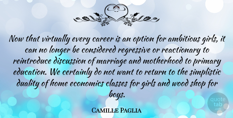 Camille Paglia Quote About Girl, Home, Motherhood: Now That Virtually Every Career...