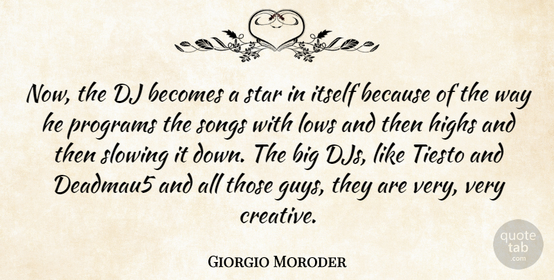 Giorgio Moroder Quote About Becomes, Highs, Itself, Lows, Programs: Now The Dj Becomes A...