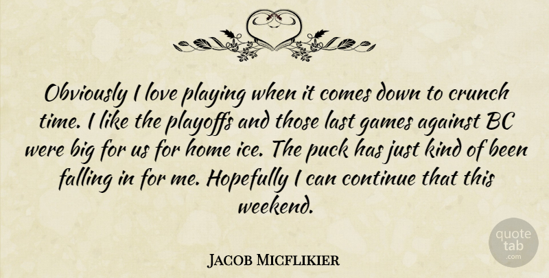 Jacob Micflikier Quote About Against, Continue, Crunch, Falling, Games: Obviously I Love Playing When...