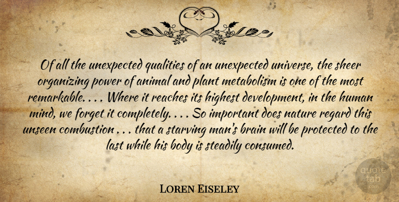 Loren Eiseley Quote About Animal, Men, Brain: Of All The Unexpected Qualities...