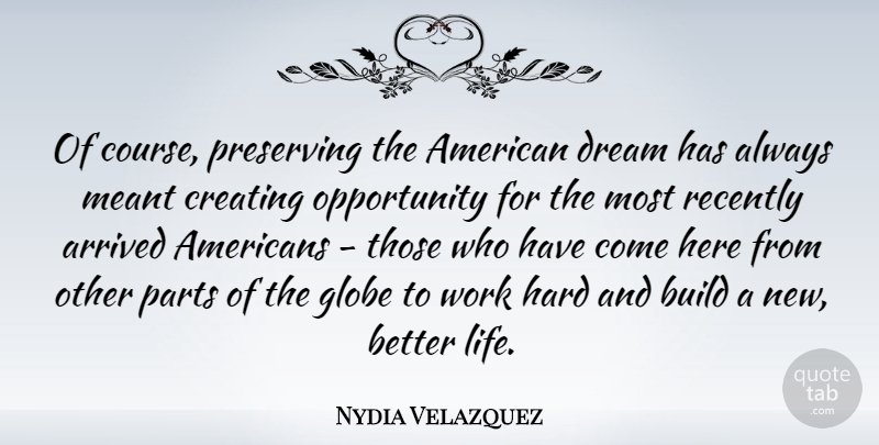 Nydia Velazquez Quote About Arrived, Build, Creating, Globe, Hard: Of Course Preserving The American...