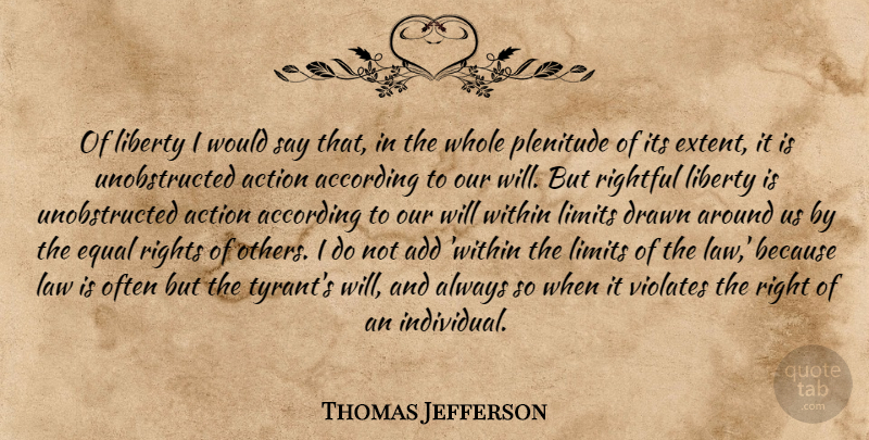 Thomas Jefferson Quote About According, Action, Add, Drawn, Equal: Of Liberty I Would Say...