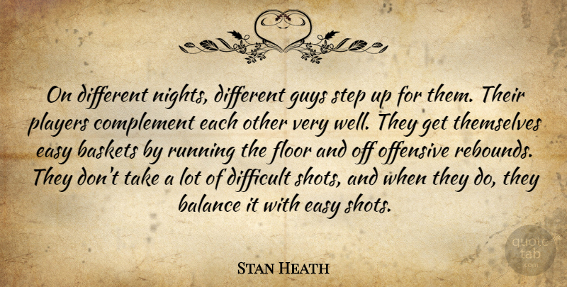Stan Heath Quote About Balance, Complement, Difficult, Easy, Floor: On Different Nights Different Guys...