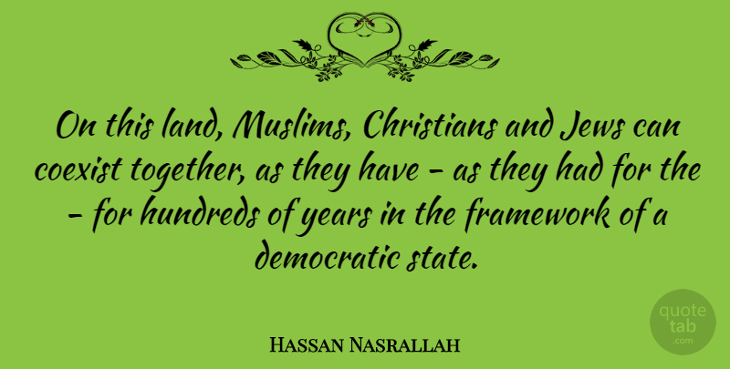 Hassan Nasrallah Quote About Christians, Coexist, Democratic, Framework, Jews: On This Land Muslims Christians...