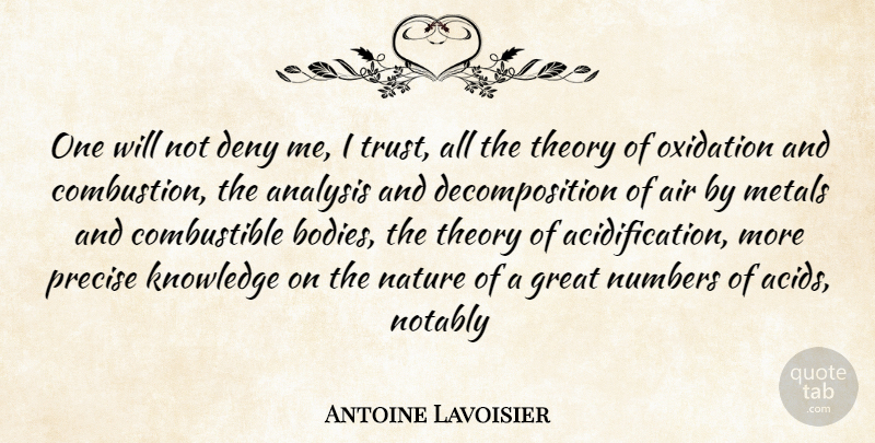 Antoine Lavoisier Quote About Air, Analysis, Deny, Great, Knowledge: One Will Not Deny Me...