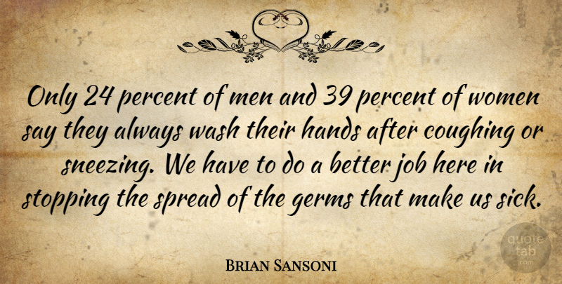 Brian Sansoni Quote About Coughing, Germs, Hands, Job, Men: Only 24 Percent Of Men...
